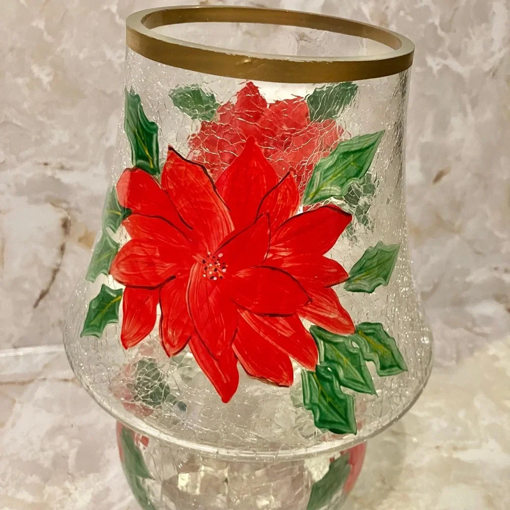 Yankee Candle Crackle Glass Poinsettia Lamp Set Votive Holder Hurricane Shade